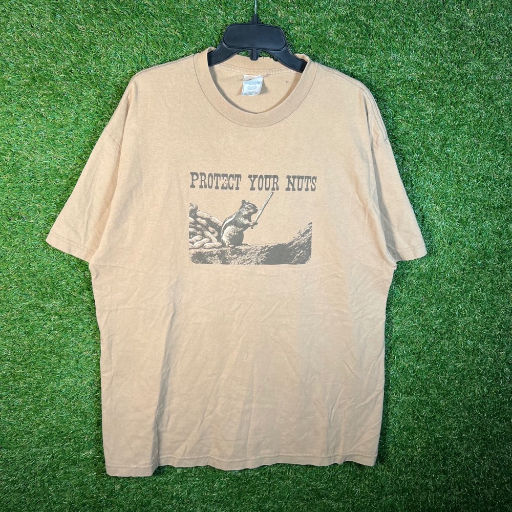 Vintage AAA Protect Your Nuts Graphic T Shirt XL Tan Distressed Squirrel Humor‎